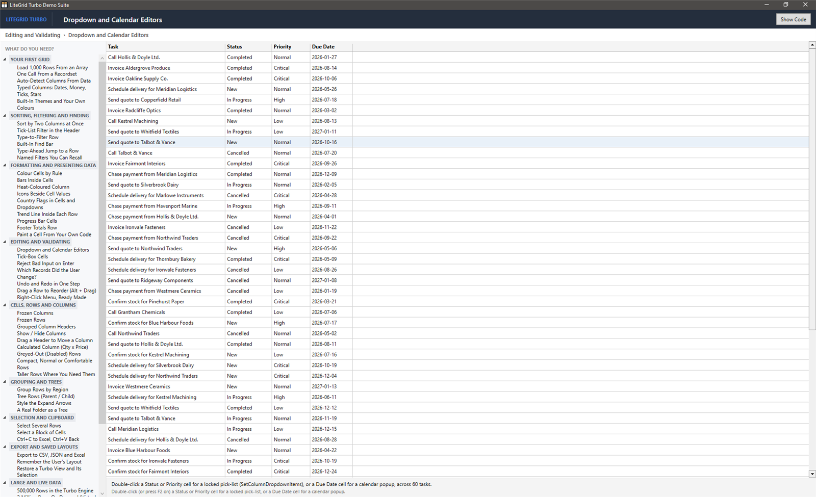 Dropdown and Calendar Editors demo in the LiteGrid Turbo Showcase