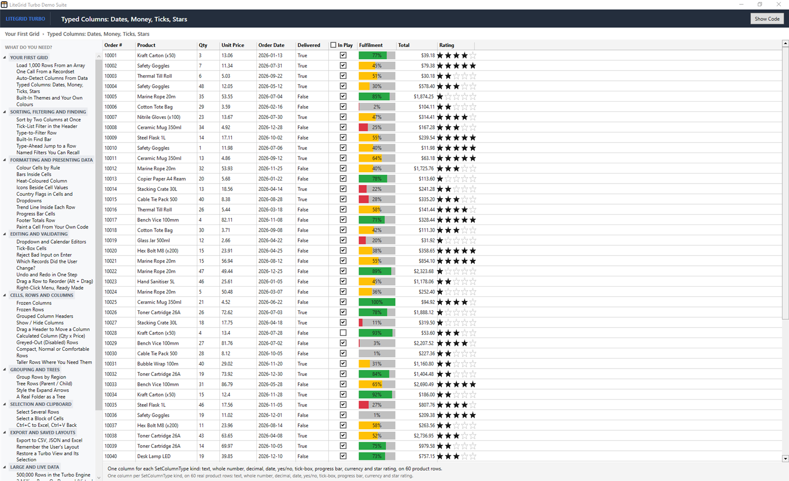Typed Columns: Dates, Money, Ticks, Stars demo in the LiteGrid Turbo Showcase