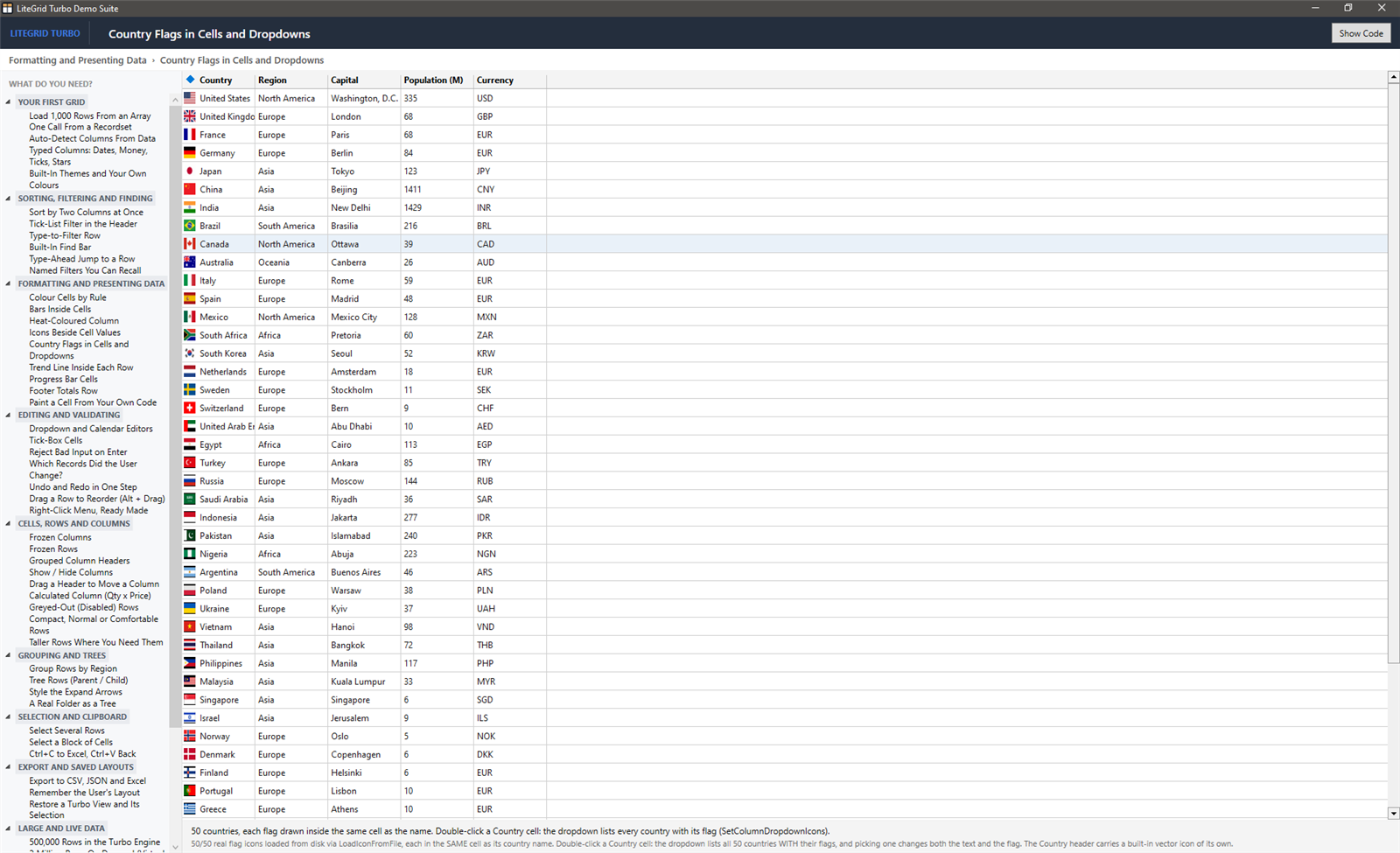 Country Flags in Cells and Dropdowns demo in the LiteGrid Turbo Showcase