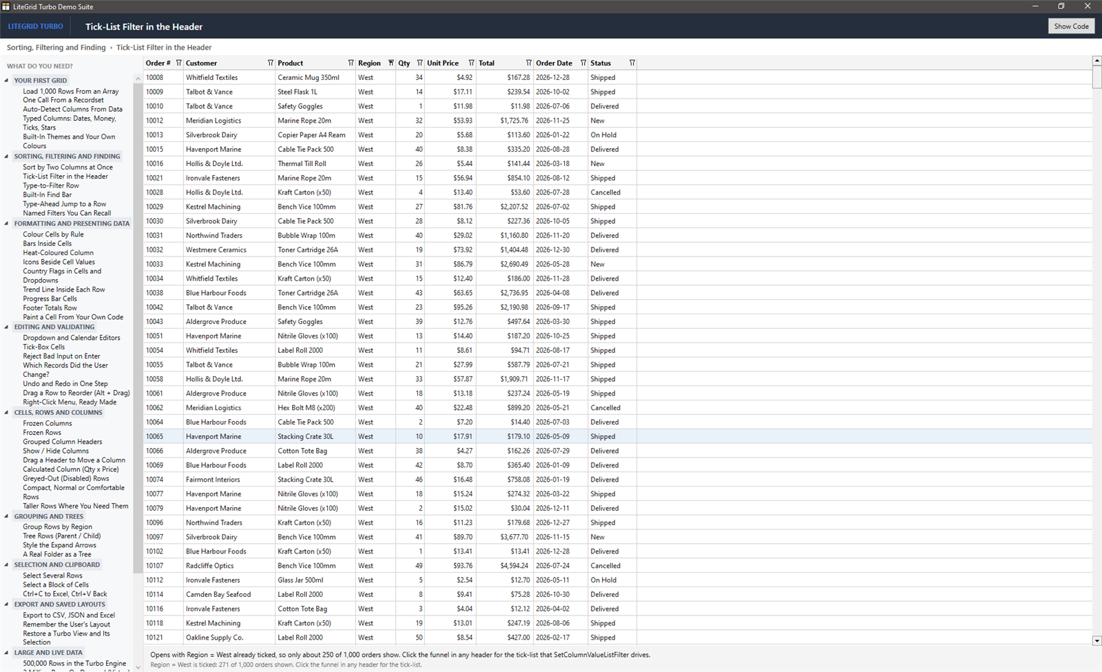 Tick-List Filter in the Header demo in the LiteGrid Turbo Showcase