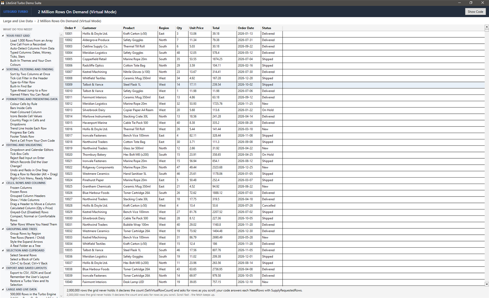 2 Million Rows On Demand (Virtual Mode) demo in the LiteGrid Turbo Showcase
