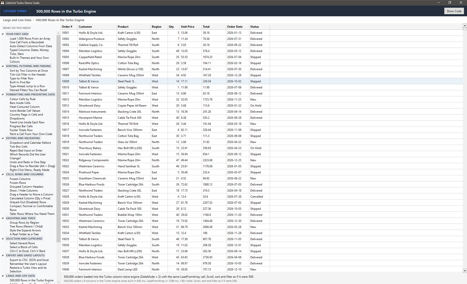 500,000 Rows in the Turbo Engine demo in the LiteGrid Turbo Showcase