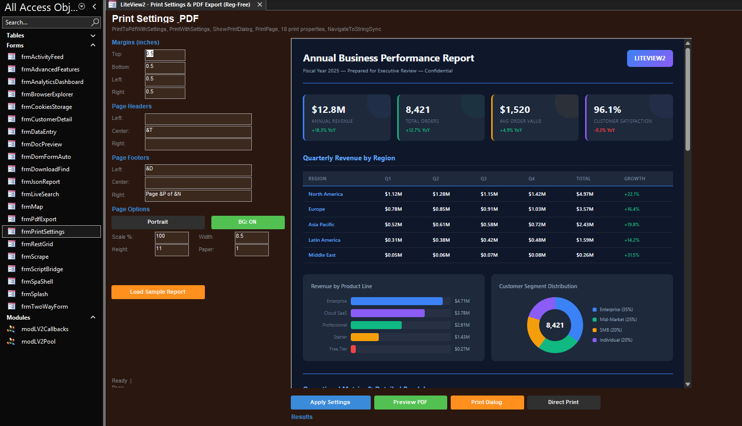 LiteView2 print settings and PDF export form running registration-free inside Microsoft Access, previewing an HTML business performance report with charts and tables